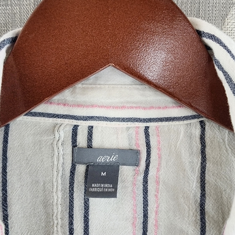 aerie White Button-Front Short Sleeve Striped Blouse - Picture 4 of 10